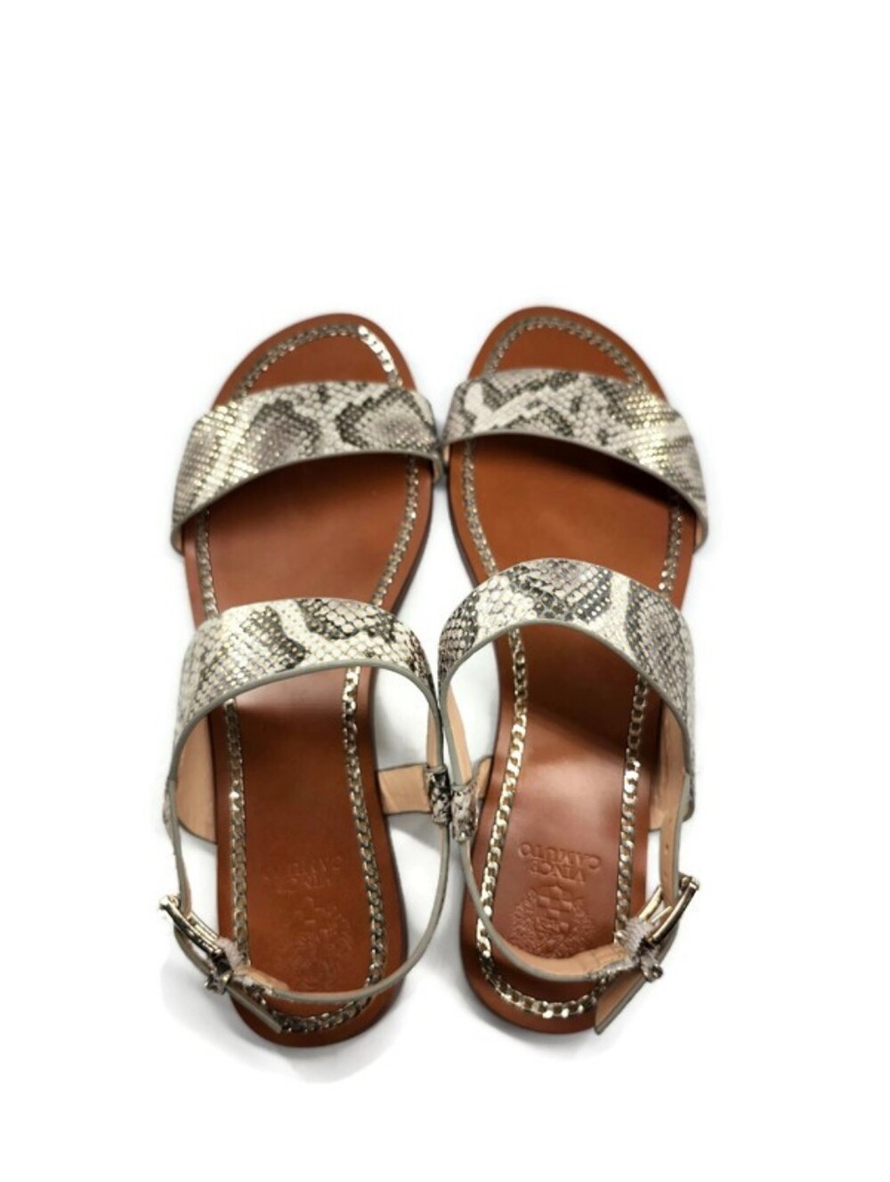 Vince Camuto Rentin Grey & White Snake Print Gold Shimmer Leather Flat Sandals - Picture 4 of 13